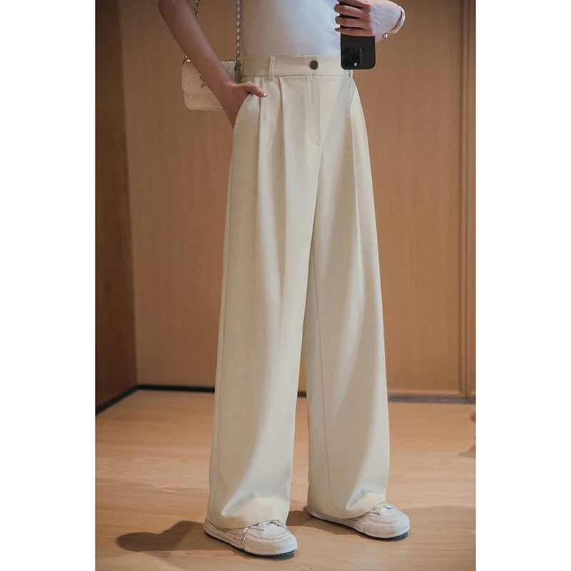 小谷粒宽松简约休闲裤女2025春新款燕麦色一粒扣高腰百搭阔腿长裤