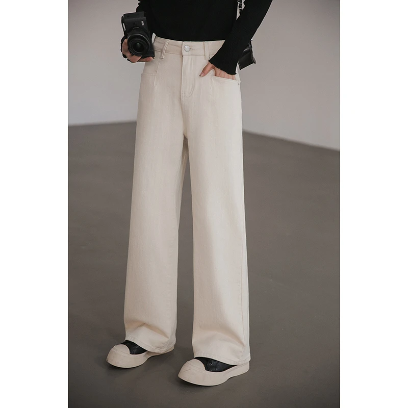 小谷粒米白色直筒牛仔裤女2025春秋新款百搭高腰宽松显瘦休闲长裤