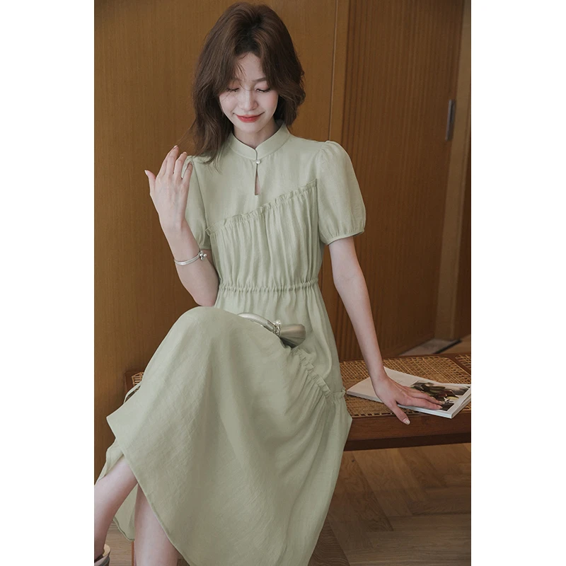 【欧若新中式】小谷粒新中式泡泡短袖连衣裙女夏小众气质收腰国风裙