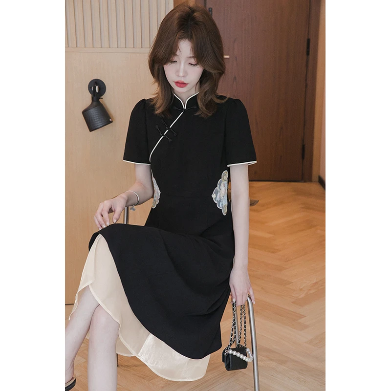 新中式盘扣撞色拼接连衣裙女收腰裙子