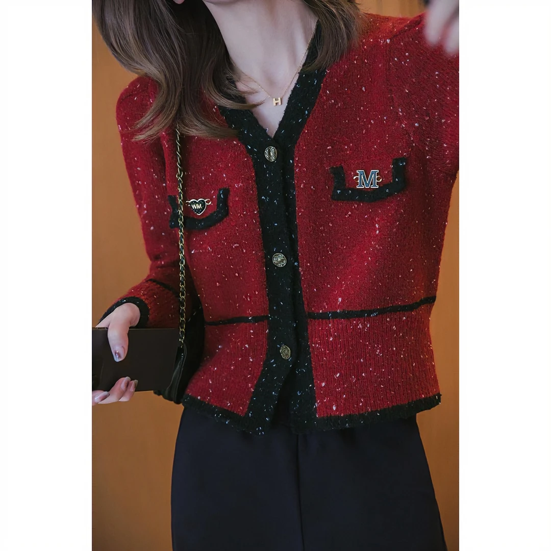 小谷粒小香风毛衣女撞色拼接v领法式亮丝针织开衫