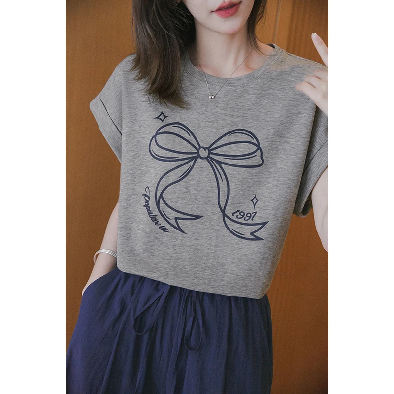 【季末折扣】小谷粒蝴蝶结印花T恤灰色减龄连肩短袖上衣
