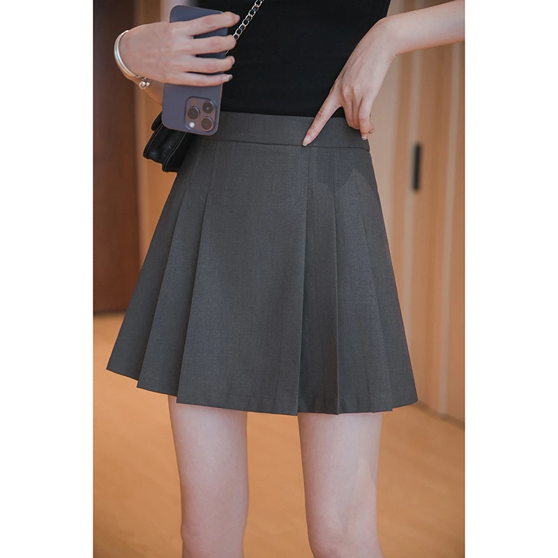 小谷粒高腰百褶半身裙女2024秋季新款灰色西装短裙子