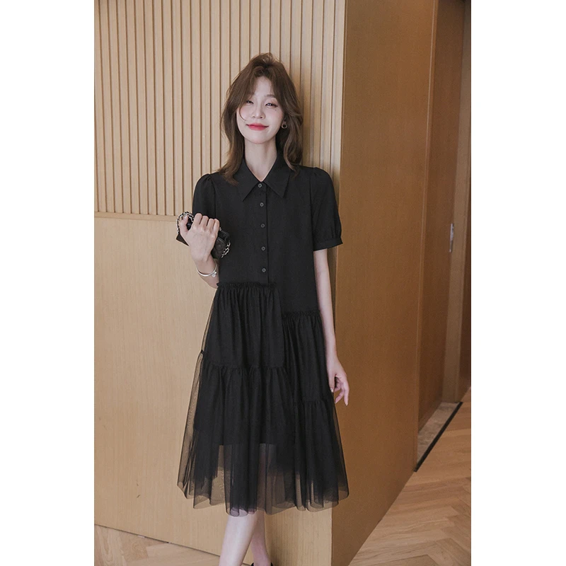 小谷粒精致短袖网纱拼接连衣裙女夏季设计感高级气质显瘦黑色裙子
