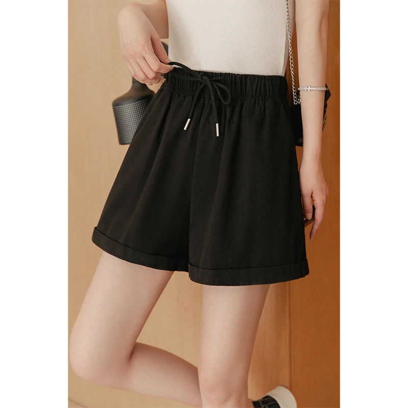 小谷粒高腰黑色短裤热裤女a字氛围感时尚百搭设计感阔腿裤
