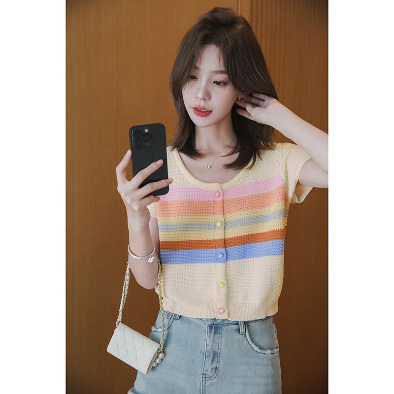 【季末折扣】小谷粒彩色短袖针织衫多巴胺减龄甜美冰丝开衫上衣