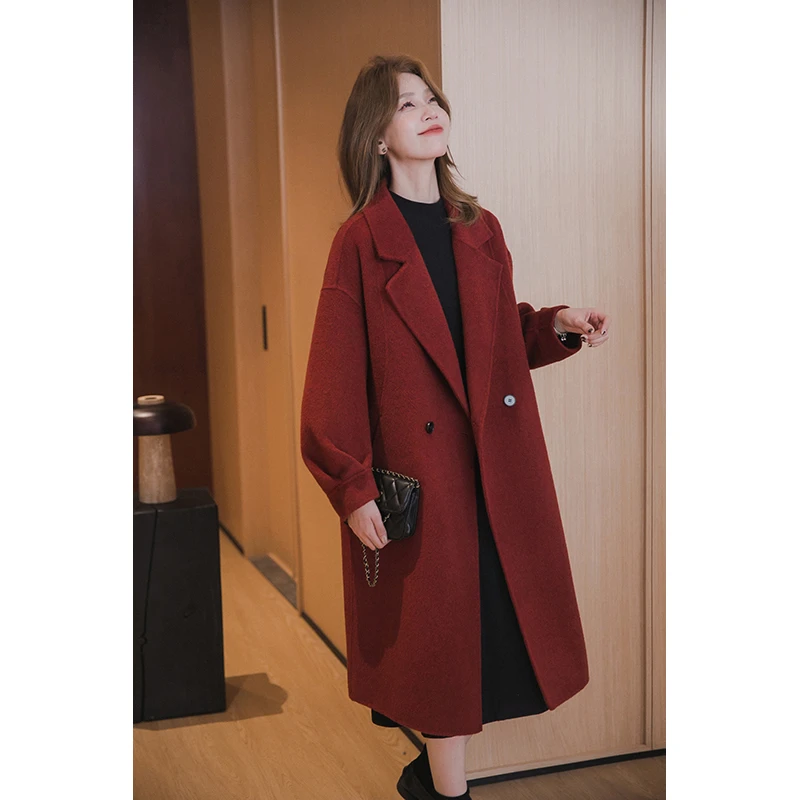 小谷粒100%绵羊毛大衣女长款秋冬季新款红色双面呢子加厚毛呢外套