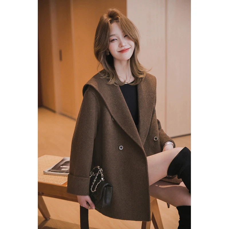 小谷粒100%羊毛大衣女中长款冬季小个子双面呢加厚翻领呢子外套