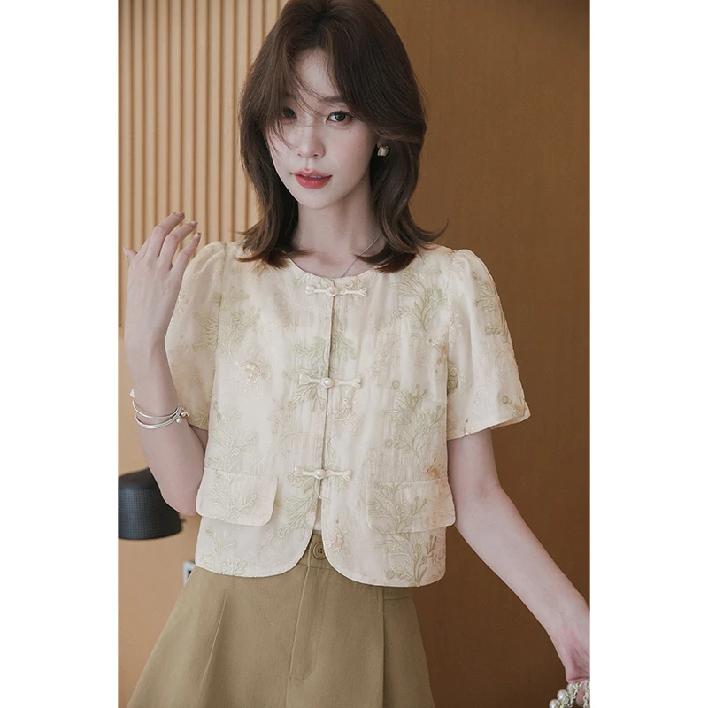 【现货】小谷粒新中式国风蕾丝衫提花国风上衣女士t恤