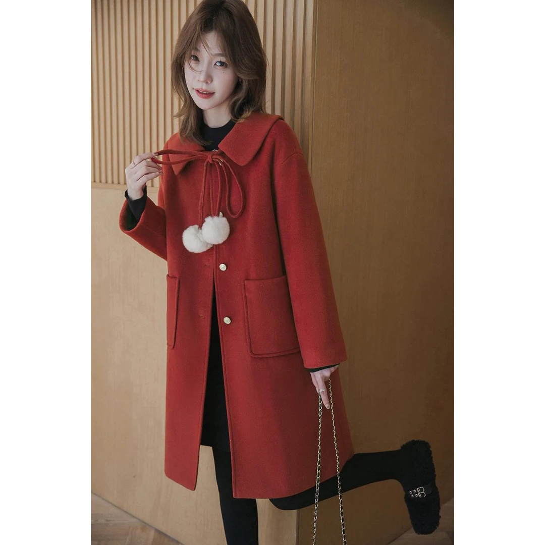 小谷粒秋冬冬季毛呢外套女夹棉红色中长款新年战袍呢子大衣