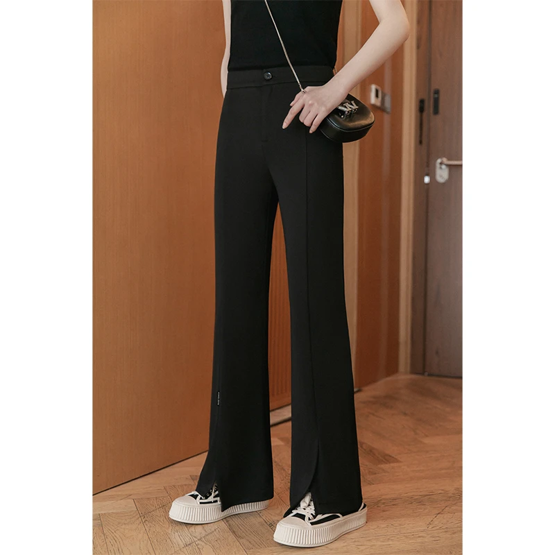瘦开衩休闲裤女黑色垂感长裤百搭裤子