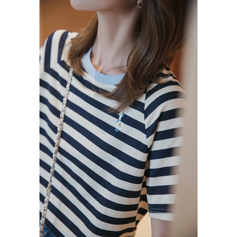 【福利日】蓝色条纹印花短袖T恤直筒上衣