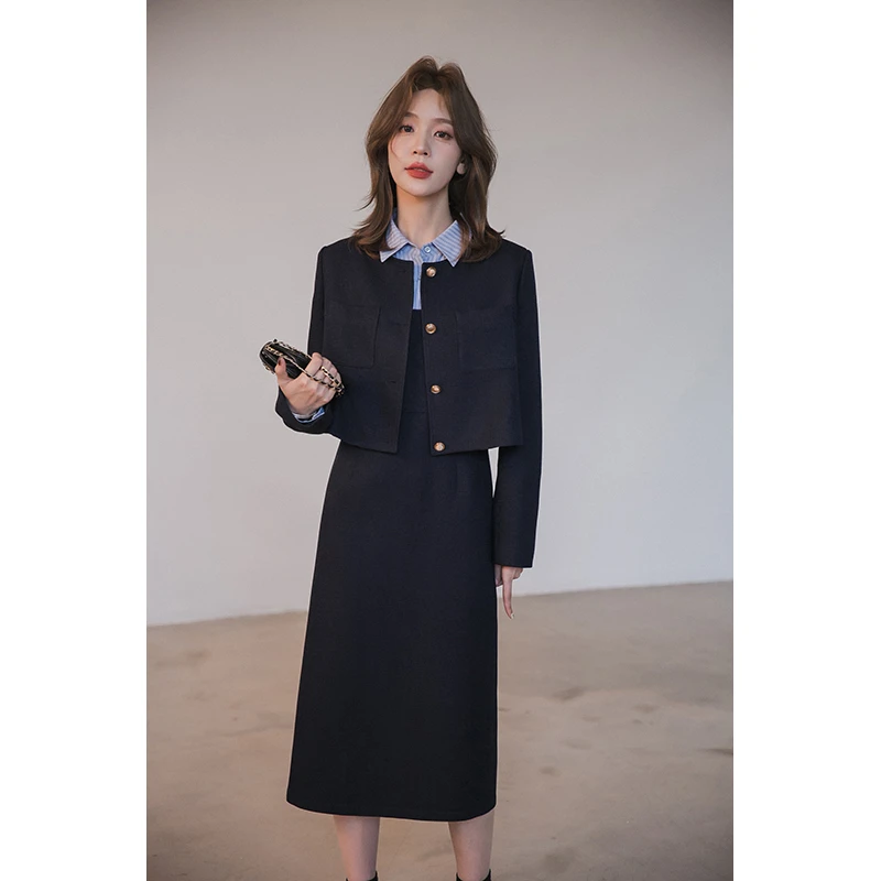 【季末折扣】小谷粒时尚小香风短外套女藏青色圆领设计感气质上衣