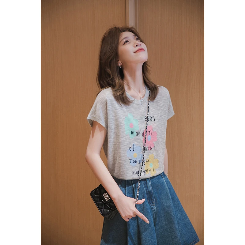 【季末折扣】小谷粒彩色花朵针织衫灰色飞飞短袖透气上衣