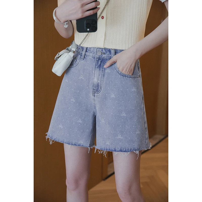 小谷粒波点蝴蝶结牛仔短裤女宽松高腰A字裤子