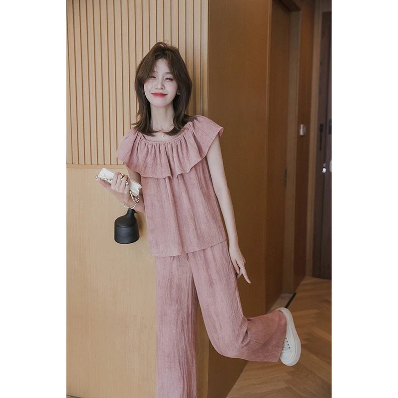 小谷粒荷叶领上衣裤子套装氛围感时尚直筒裤两件套