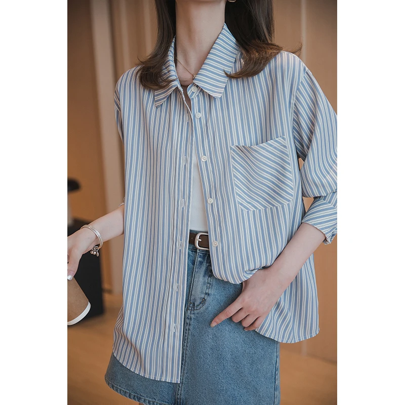【双12大促】小谷粒气质条纹衬衫女秋季韩系灰蓝色落肩袖宽松上衣