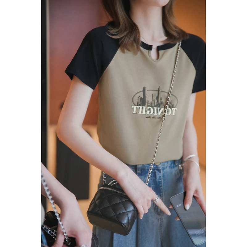 【现货】小谷粒撞色字母印花美式复古T恤修身上衣