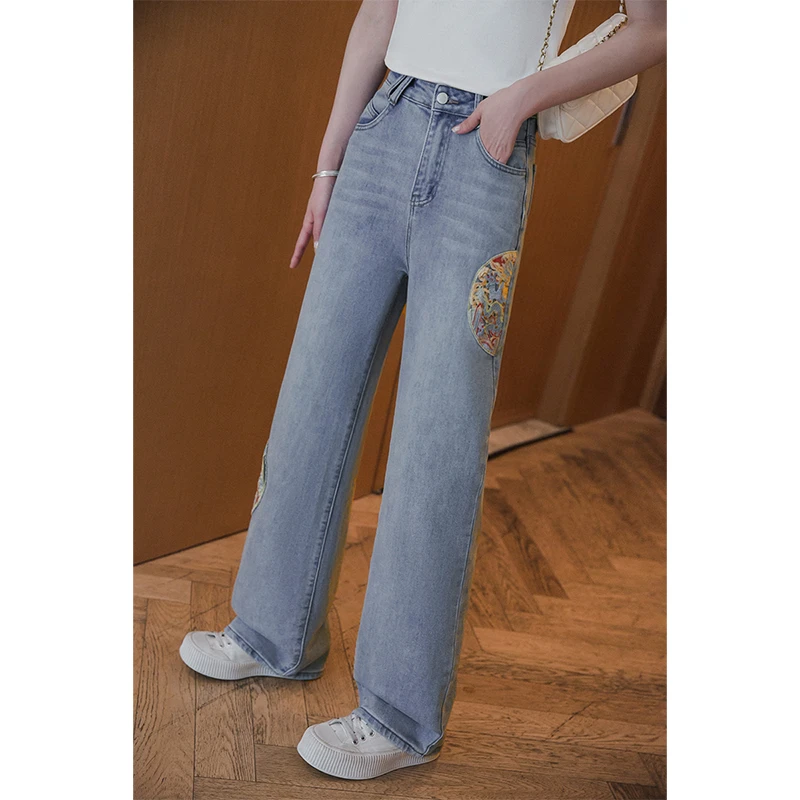 小谷粒国风牛仔裤女春刺绣直筒裤窄版阔腿裤
