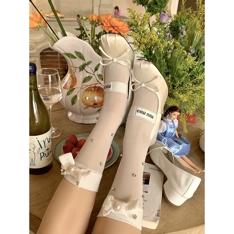 cnorahk小众设计百搭少女蝴蝶结钻中筒袜jennie龙心同款堆堆袜女