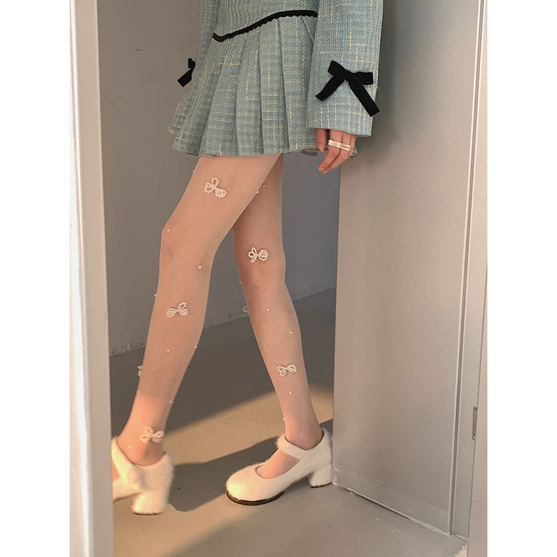 cnorahk 原创小众设计春秋奶白手缝珍珠蝴蝶结外穿连体袜任意剪