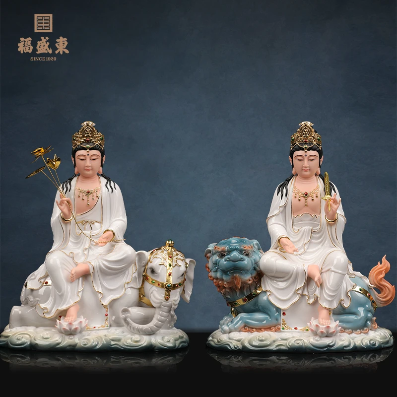 文殊普贤仿瓷文殊护法普贤护法摆件工艺品白瓷中式传统居家摆件