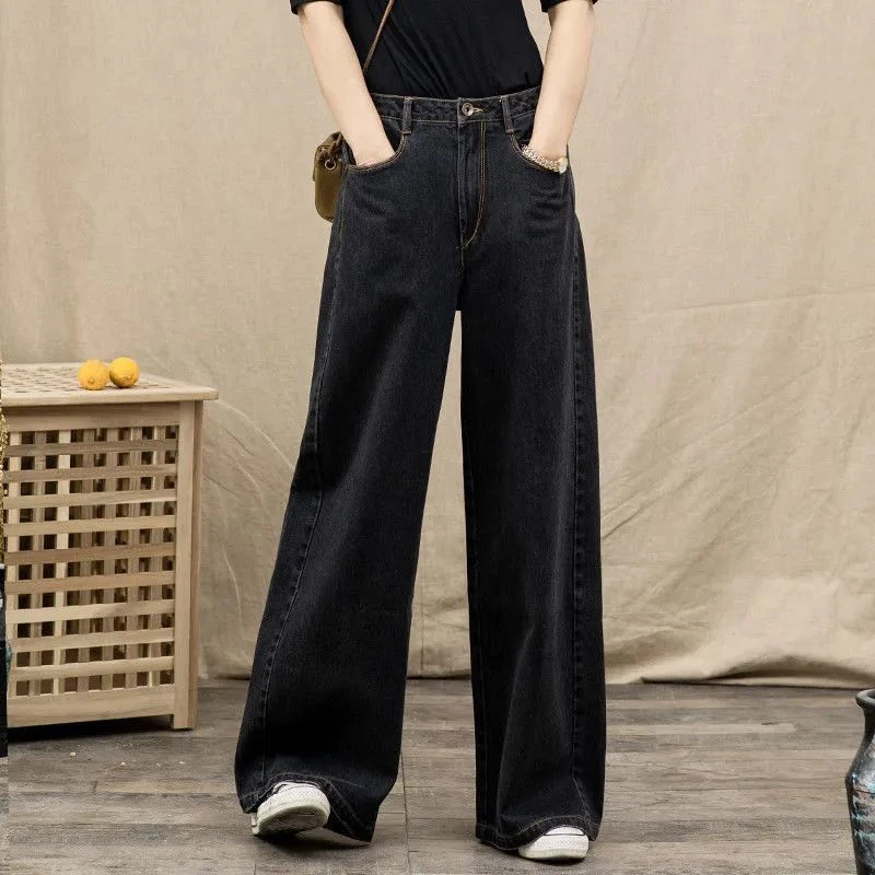 牛仔阔腿裤黑色百搭拖地裤潮女2024年春秋款宽松牛仔裤女