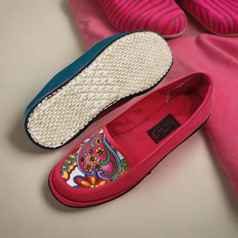 女鞋千层底民族风透气平底舒适休闲软底妈妈鞋老北京布鞋绣花100