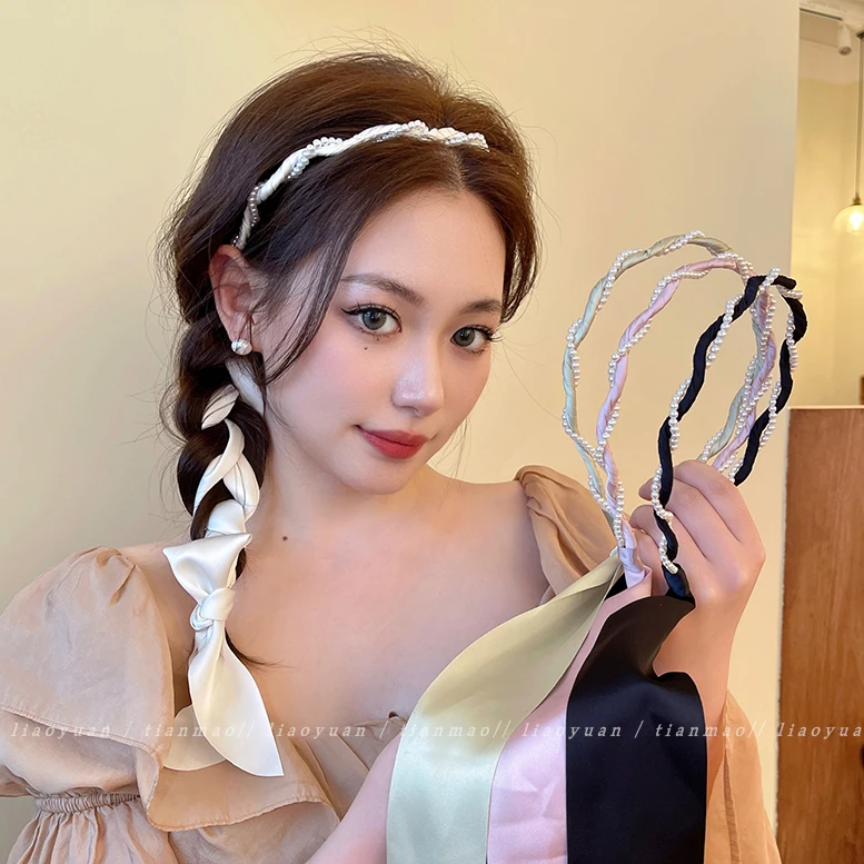 温柔扎头发飘带编发头饰精致珍珠发箍女2023新款网红细麻花辫头箍
