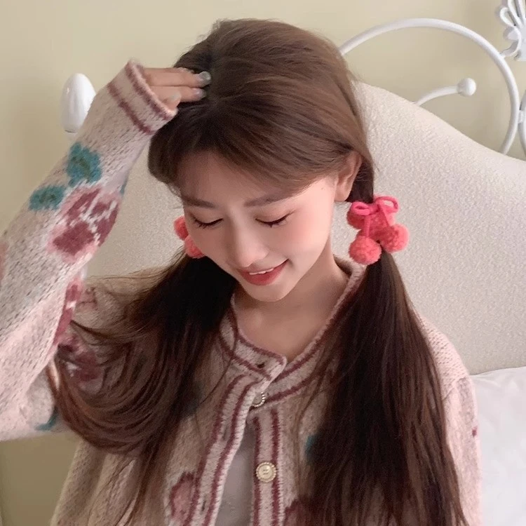 甜美气质草莓粉色系羊羔毛球球樱桃发绳可爱少女发圈丸子头绳饰品