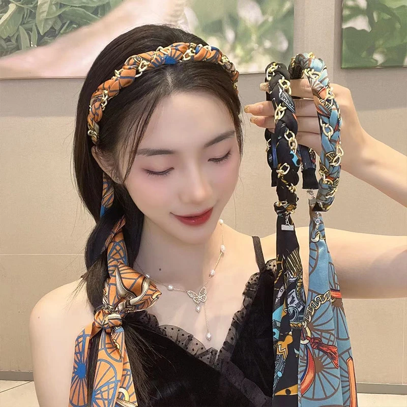 超仙复古链条发箍缎面布艺发卡头箍飘带发带绑发时尚一体系编发