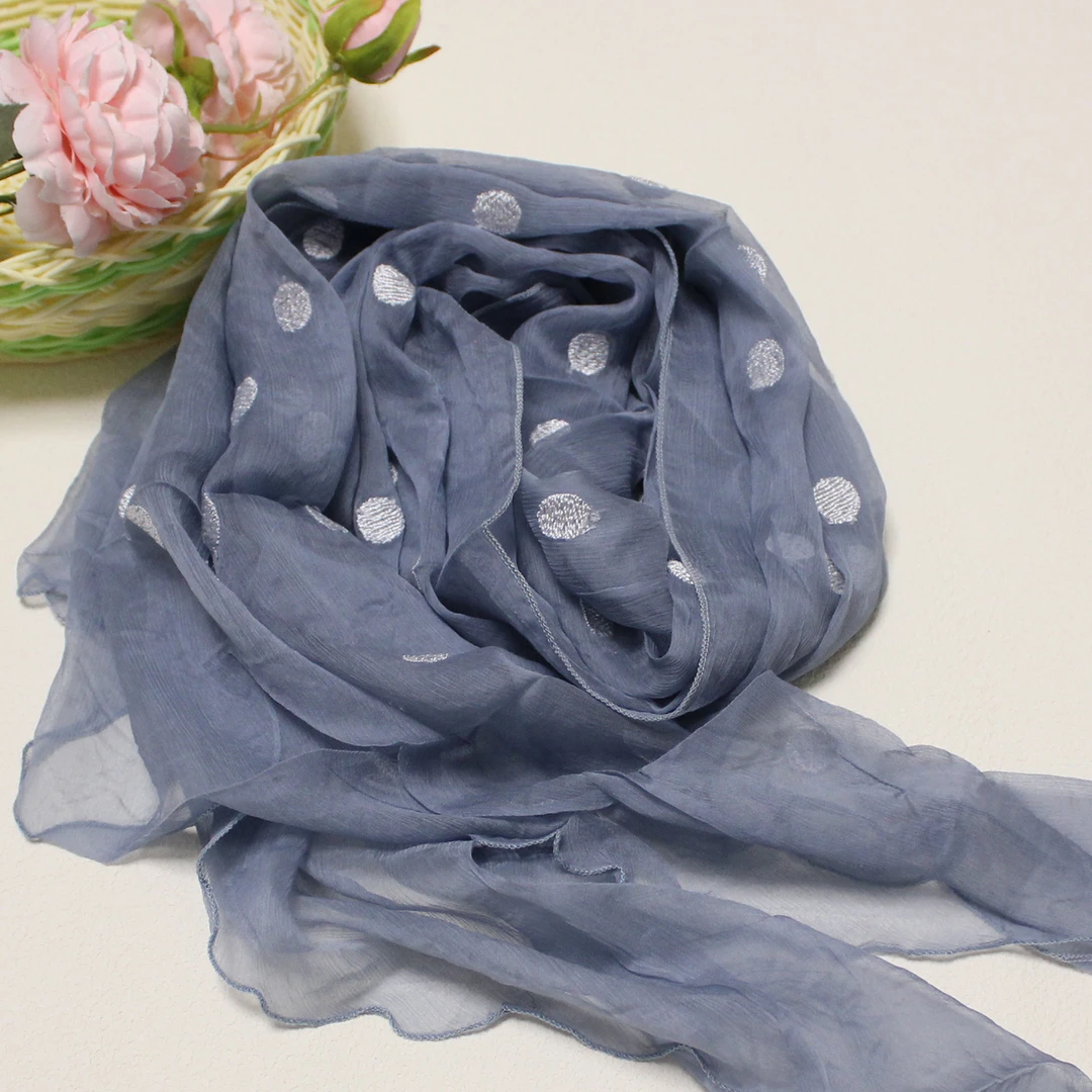 （灰波点）杭州丝绸顺纡绉纱巾女士四季围巾薄款春夏百搭桑蚕丝丝巾