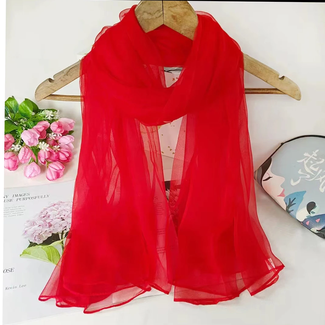 （大红色）杭州丝绸纱巾女士四季围巾薄款春夏百搭洋气桑蚕丝丝巾