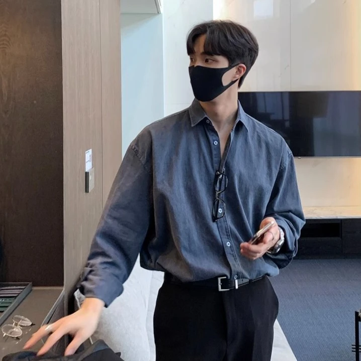 蓝色纯棉长袖衬衫男薄款2024新款秋季轻奢痞帅高级感男士上衣外套