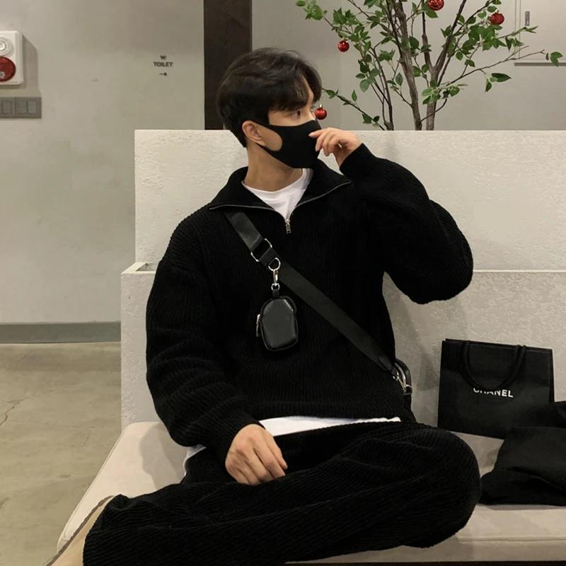 黑色翻领套头半拉链针织衫男款秋冬季轻奢慵懒风高级感男士外套