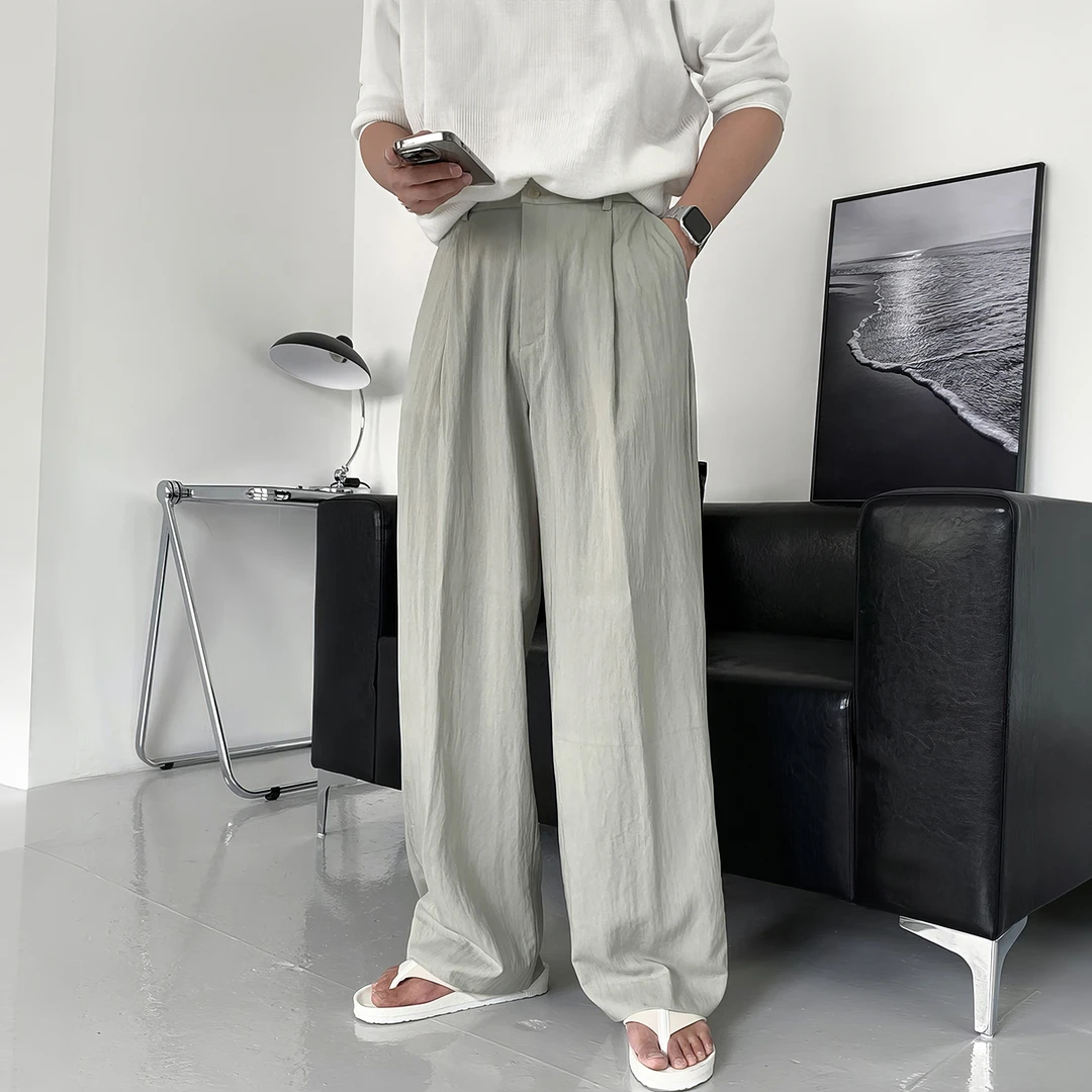 灰绿色休闲裤男生秋季薄款韩版设计感简约抽绳垂感宽松直筒阔腿裤