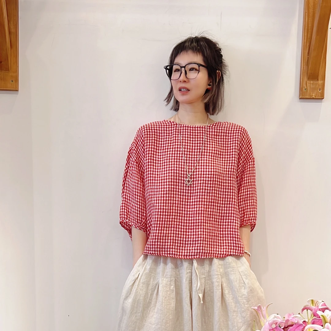 喜悦出品｜盛夏｜韩版彩织夏季亚麻小衫圆领宽松休闲显瘦短款娃娃衫