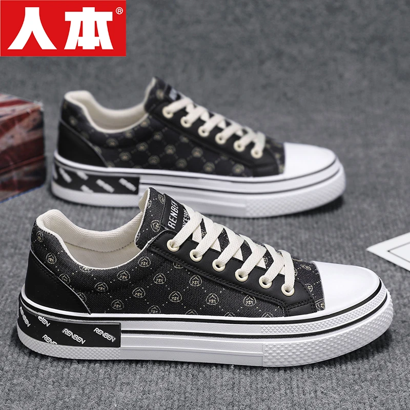 人本1986帆布男鞋夏季低帮平板鞋男士休闲百搭黑色软底老北京布鞋