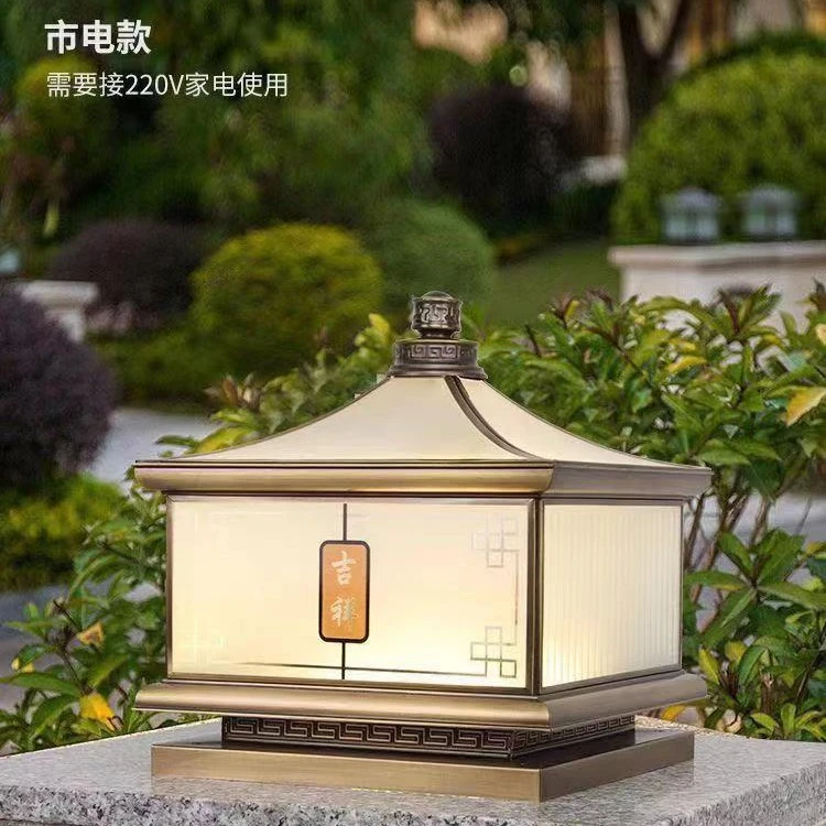 国标纯黄铜户外太阳能柱头灯围墙柱子灯防水门柱灯全铜大门柱子灯