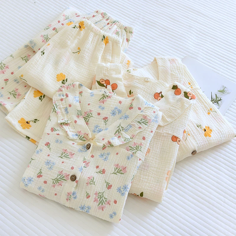 【A类】甜美睡衣花边V领套装双层纱布秋款女长袖100%全棉家居服纯棉