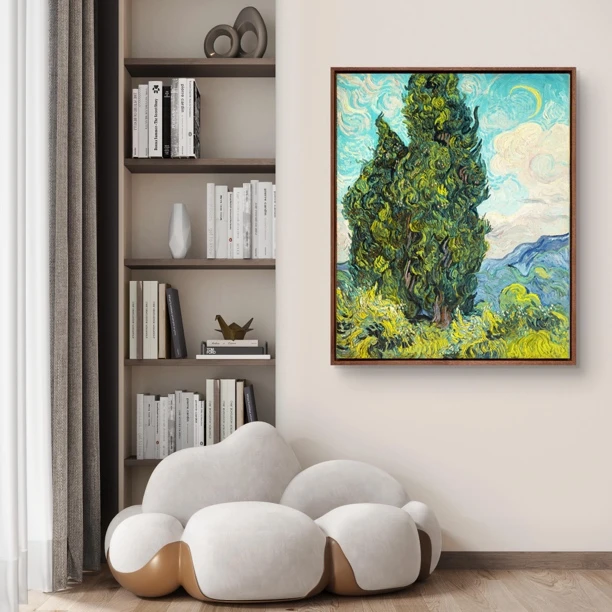 【两颗丝柏树】梵高·版画 现代客厅玄关装饰画 手工肌理 实木框
