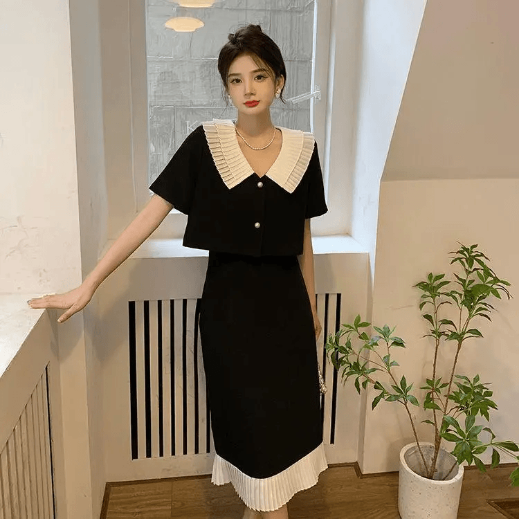 FJ大码胖mm小众设计感娃娃领衬衫半身裙套装女夏季遮肉显瘦两件套