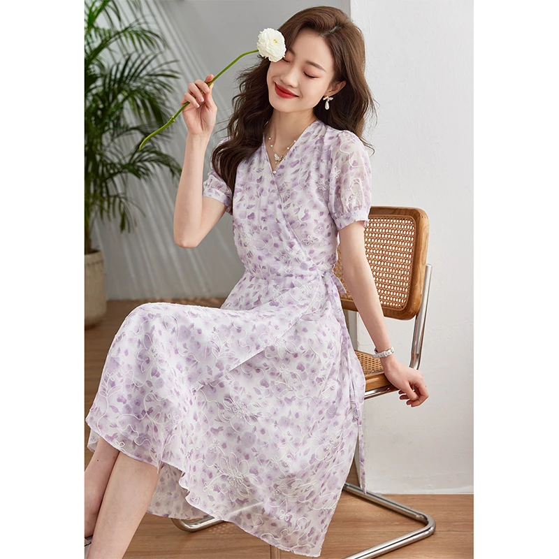 【悠悠专属】梵希蔓画染碎花连衣裙女绑定收腰v领法式茶歇裙子M7235