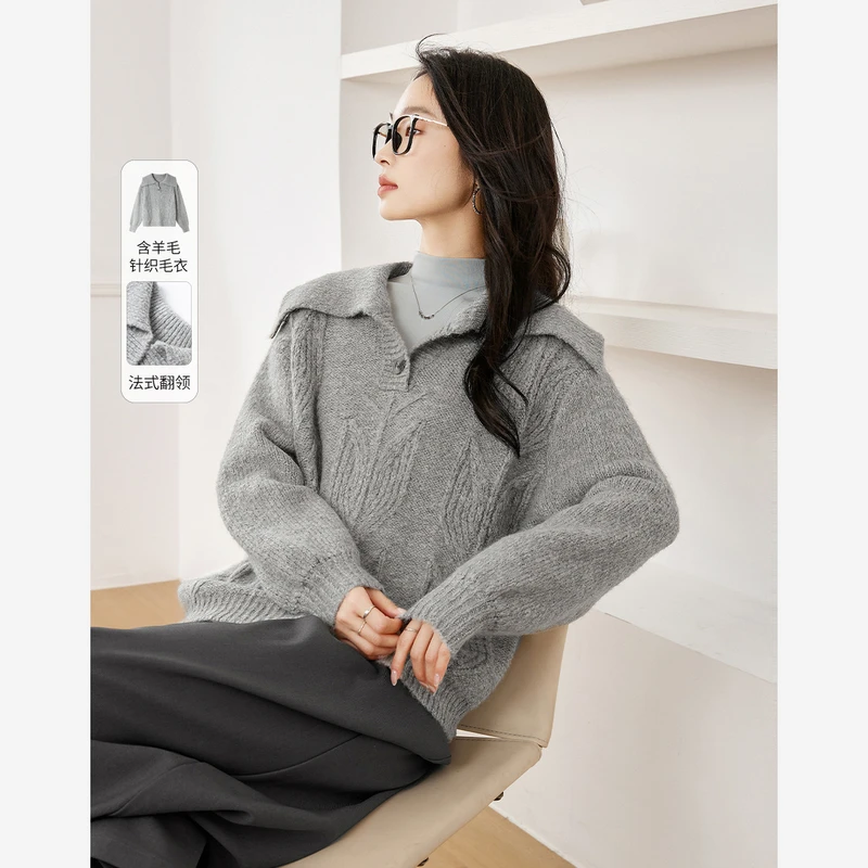 【大叔女装专属】梵希蔓翻领灰色毛衣女款慵懒休闲针织上衣73572