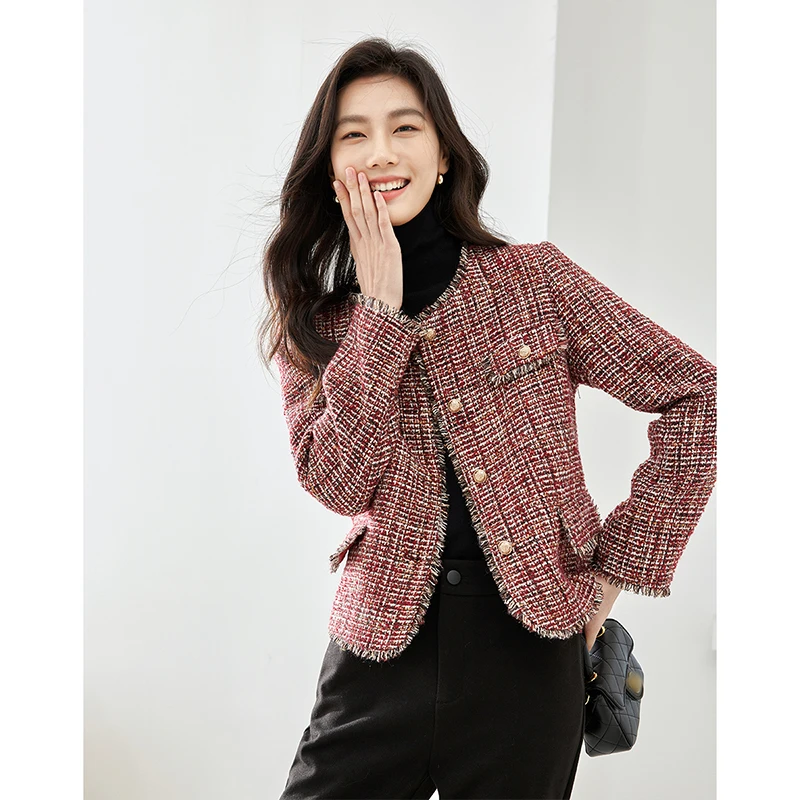 【亚美专属】梵希蔓气质小香风格纹短外套新年红色夹棉上衣M3588