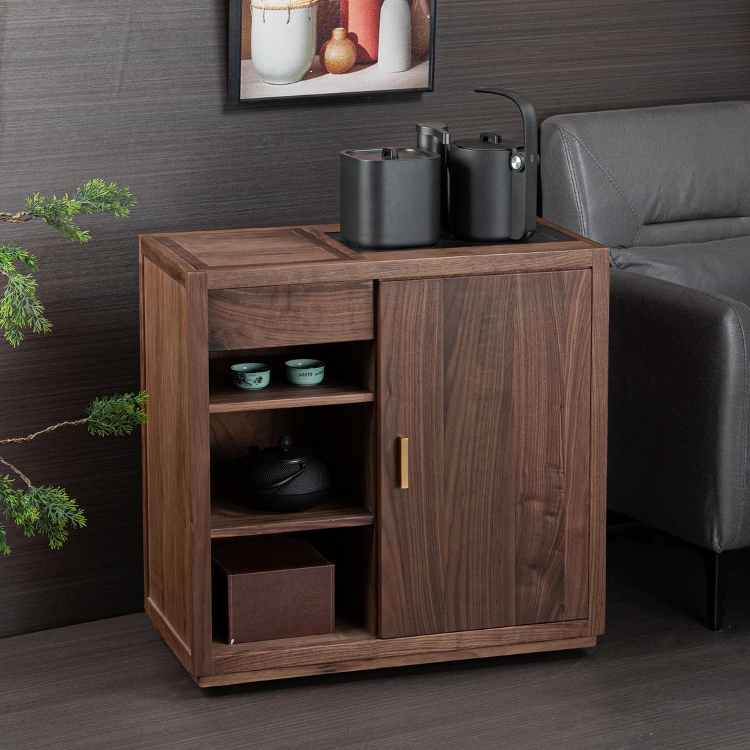 北美黑胡桃移动茶水柜实木泡茶台侧边柜烧水壶一体边几阳台小茶桌