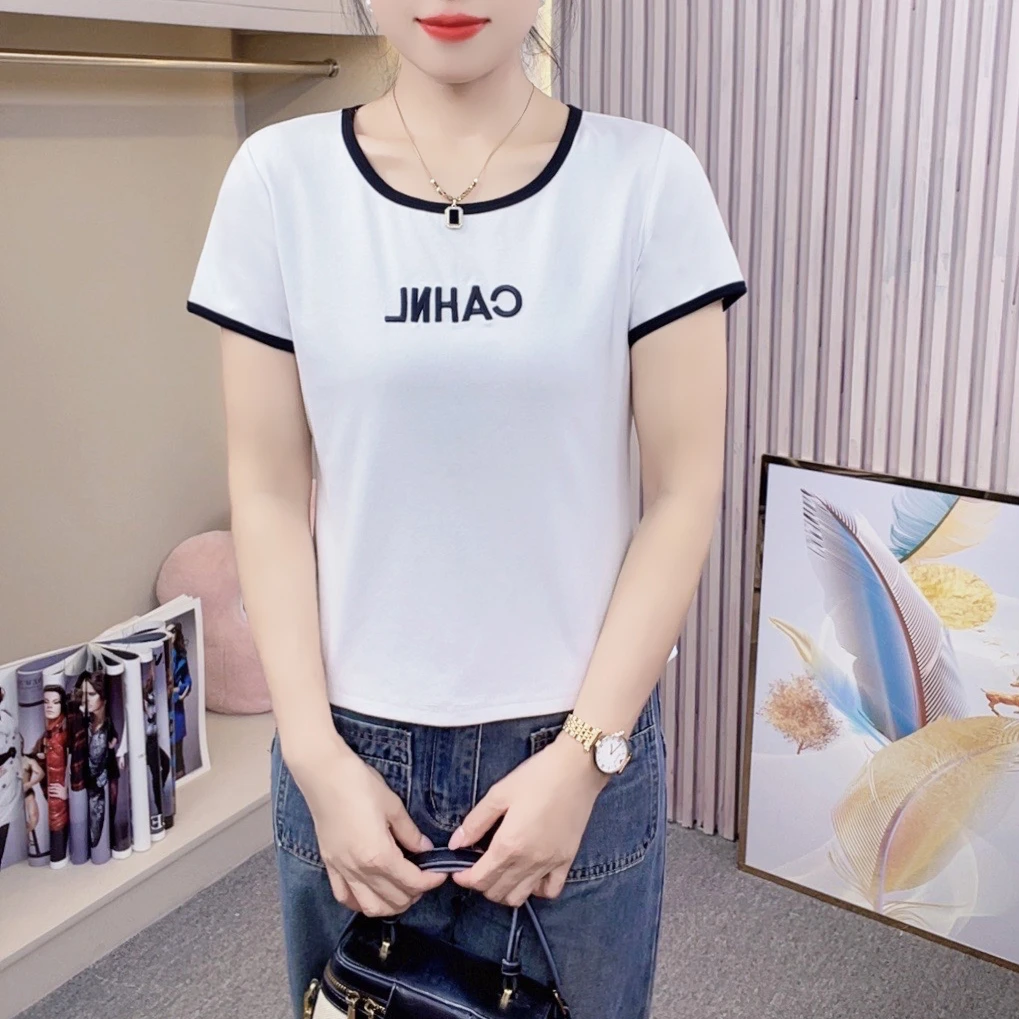 2025夏季新款时尚圆领短袖T恤女装韩版修身显瘦刺绣休闲上衣女
