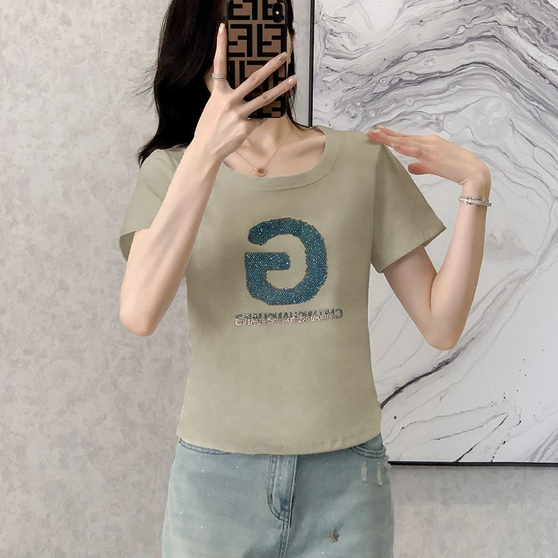 网红爆款字母烫钻圆领短袖T恤女2025夏新款小个子修身设计感上衣