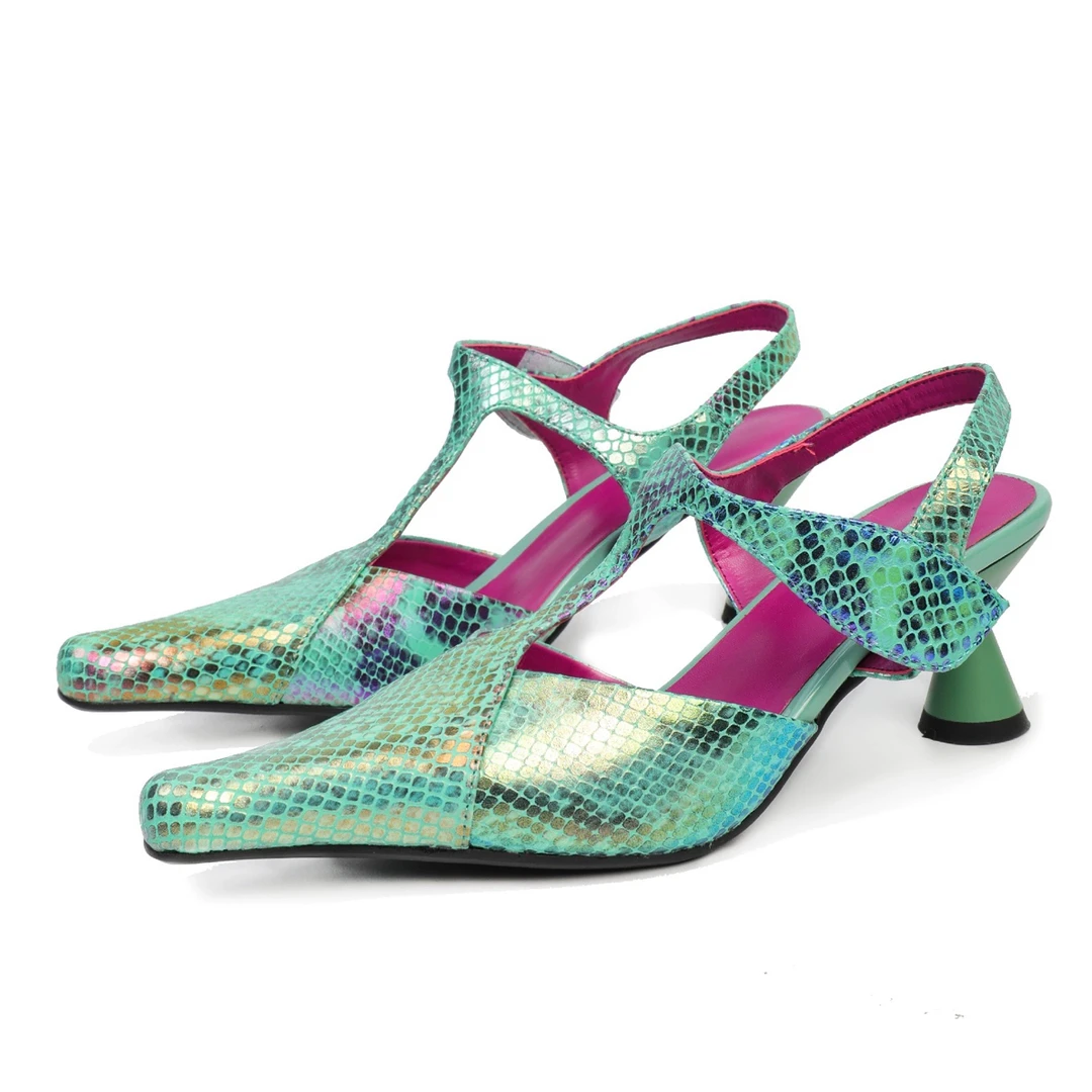 直播专属Y2K辣妹幻彩中古改良极光紫蛇纹牛皮手工女凉鞋尖头夏季