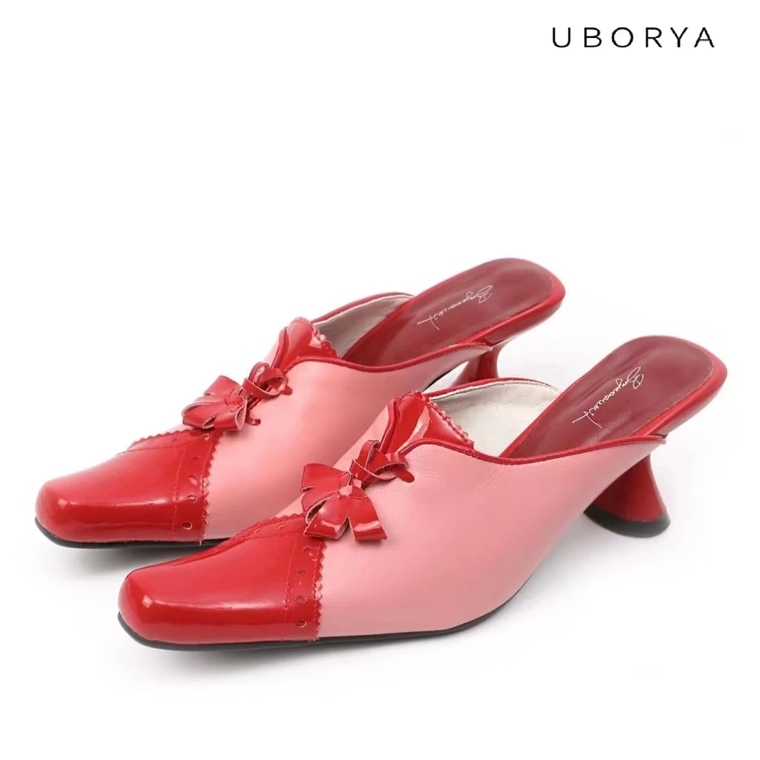 UBORYA中古改良粗跟包头漆皮夏季女士凉拖气质时尚春夏尖头中跟